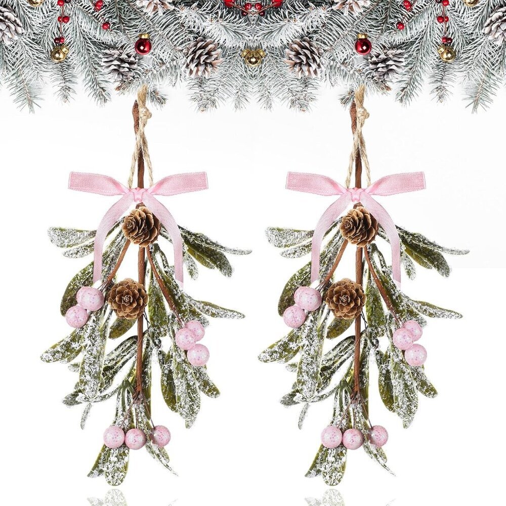 2-Piece Pink Mistletoe Hanging Ornaments with Bow & Pine Cones - Holiday Charm